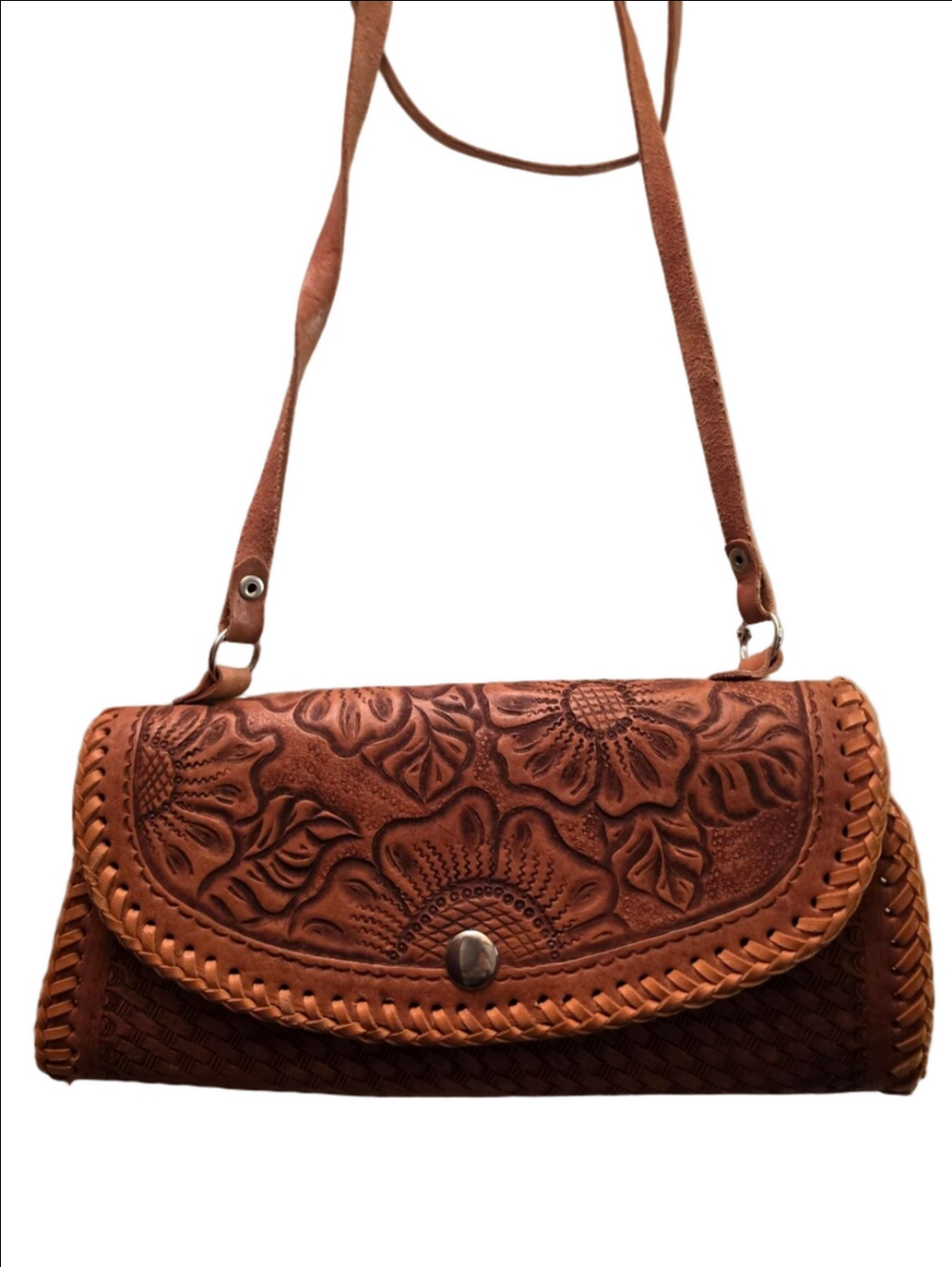 Vintage Style Tooled Leather Floral Crossbody Bag Western Boho Brown Cuba